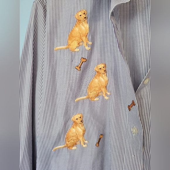Fabrizio Stripe Embroidered Golden Retriever Button-down Shirt Blue L - Picture 3 of 9